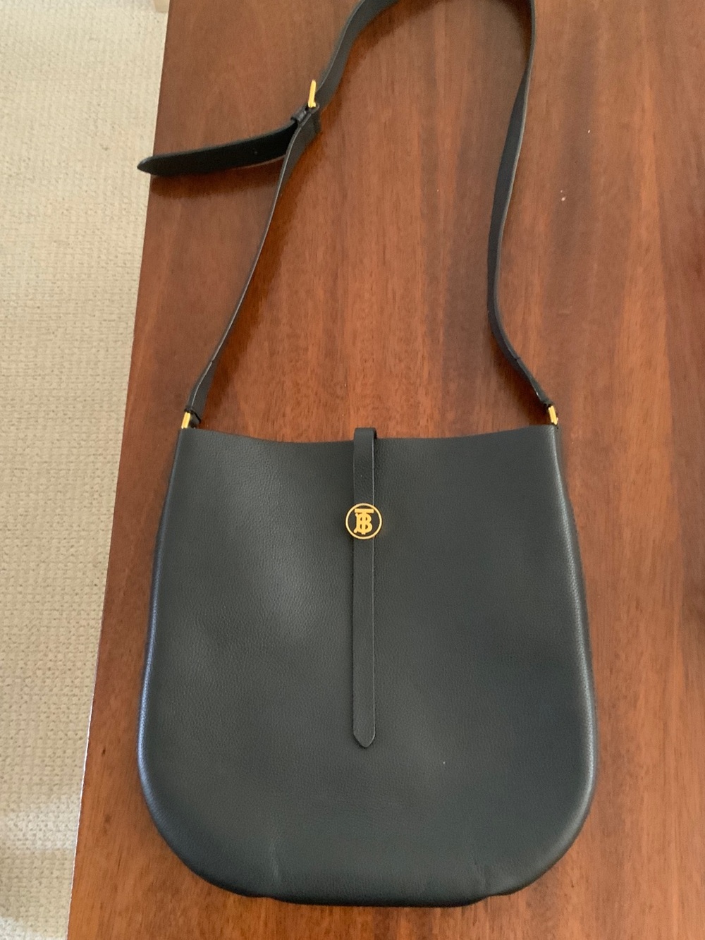 Burberry Black Leather Crossbody with Gold TB Button